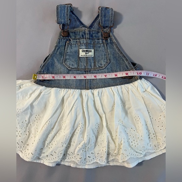 Vtg Osh Kosh Girl Bib Overalls Denim Dress Jumper White Eyelet Lace Sz 9-12 Mths - Picture 7 of 7